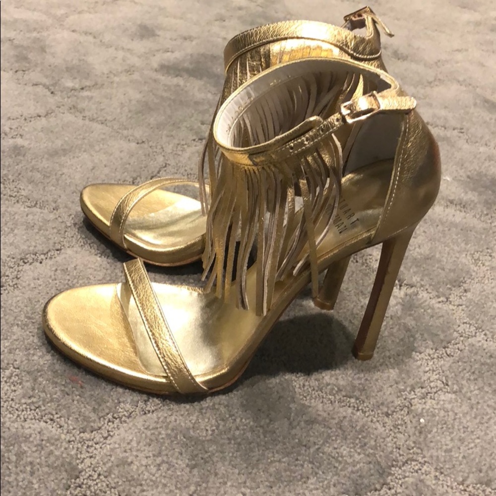 NWT STUART WEITZMAN fringe gold heel sandal